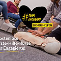 Foto von Menschen, die an einer Erste-Hilfe-Puppe die Herzmassage üben. Ein Schwarzes gezeichnetes Herz mit dem Text #TeamEhrenamt. Sicher helfen. Kostenlose Erste-Hilfe-Kurse für Engagierte!