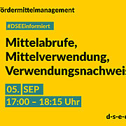 Grafik mit gelbem Hintergrund. Text: Fördermittelmanagement. #DSEEinformiert: Mittelabrufe, Mittelverwendung, Verwendungsnachweise. 5. Sept., 17:00-18:15 Uhr. d-s-e-e.de
