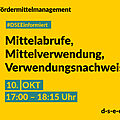 Grafik mit gelbem Hintergrund. Text: Fördermittelmanagement. #DSEEinformiert: Mittelabrufe, Mittelverwendung, Verwendungsnachweise. 10. Okt., 17:00-18:15 Uhr. d-s-e-e.de