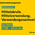 Grafik mit gelbem Hintergrund. Text: Fördermittelmanagement. #DSEEinformiert: Mittelabrufe, Mittelverwendung, Verwendungsnachweise. 4. Nov, 17:00-18:15 Uhr. d-s-e-e.de