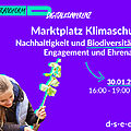Foto von einer Frau mit Pflanze. Text: #transform_d Digitalkonferenz: Marktplatz Klimaschutz. Nachhaltigkeit und Biodiversität in Engagement und Ehrenamt. 30.01.2025, 16:00–19:00 Uhr. d-s-e-e.de