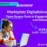 Foto von einer Frau mit Laptop. Text: #transform_d Digitalkonferenz: Marktplatz Digitalisierung. Open-Source-Tools in Engagement und Ehrenamt. 12.09.2024, 16:00–19:00 Uhr. d-s-e-e.de