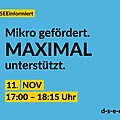 Blaue Grafik mit dem Text: #DSEEinformiert. Mikro gefördert. Maximal unterstützt. 11. Nov. 17:00-18:15 Uhr. d-s-e-e.de