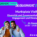 Foto von zwei Menschen, die sich umarmen. Text: #transform_d Digitalkonferenz '24: Marktplatz Vielfalt. Diversität und Zusammenhalt in Engagement und Ehrenamt. 14.11.2024, 16:00–19:00 Uhr. d-s-e-e.de