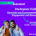 Foto von zwei Menschen, die sich umarmen. Text: #transform_d Digitalkonferenz: Marktplatz Vielfalt. Diversität und Zusammenhalt in Engagement und Ehrenamt. 14.11.2024, 16:00–19:00 Uhr. d-s-e-e.de