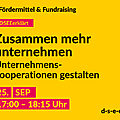 Gelbe Graik mit dem Text: € Fördermittel & Fundraising #DSEEerklärt Zusammen mehr unternehmen. Unternehmenskooperationen gestalten. 25. September 2024, 17:00–18:15 Uhr