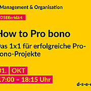 Gelbe Grafik mit dem Text: Management & Organisation. #DSEEerklärt How to Pro bono. Das 1x1 für erfolgreiche Pro-bono-Projekte. 01. Oktober 2024, 17:00–18:15 Uhr. d-s-e-e.de