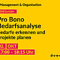 Gelbe Grafik mit dem Text: Management & Organisation. #DSEEerklärt Pro bono Bedarfsanalyse. Bedarfe erkennen und Projekte planen. 02. Oktober 2024, 17:00–18:15 Uhr. d-s-e-e.de