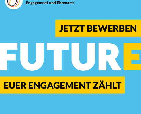 Eine Kachel der DSEE mit dem Text "FuturE - Euer Engagement zählt! Jetzt bewerben"