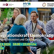 Grafik mit Menschen und Text: Integrationskraft Demokratie. Podiumsdiskussion und Get-Together. 27.11.2024, 18:00 - 21:00 Uhr, Berlin.