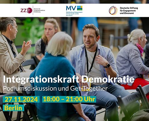 Grafik mit Menschen und Text: Integrationskraft Demokratie. Podiumsdiskussion und Get-Together. 27.11.2024, 18:00 - 21:00 Uhr, Berlin.