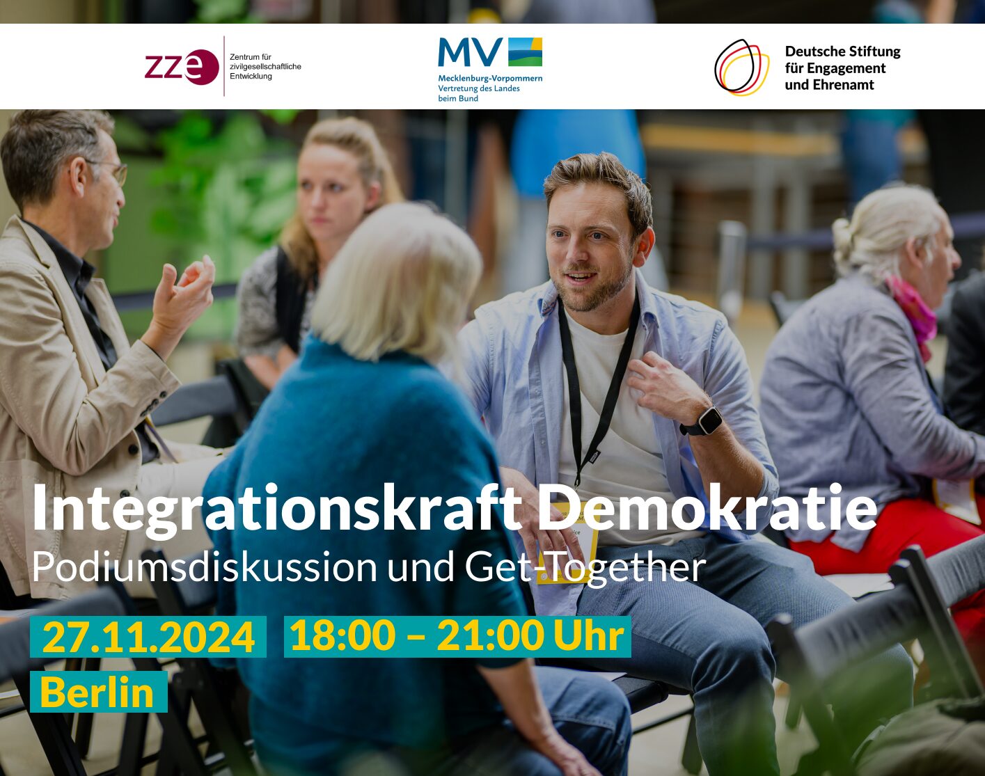 Grafik mit Menschen und Text: Integrationskraft Demokratie. Podiumsdiskussion und Get-Together. 27.11.2024, 18:00 - 21:00 Uhr, Berlin.