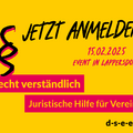 gelbes Rechteck mit Text: Jetzt anmelden! 15.02.2025 Event in Lapperdorf; Recht verständlich - juristische Hilfe für Vereine