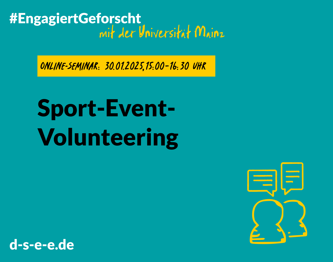 Grafik Grün mit Text: Online-Seminar 30.01.2025, 15:00-16:30 Uhr. Sport-Event-Volunteering.