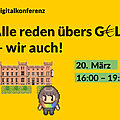 Ankündigung der Digitalkonferenz "Alle reden über Geld, wir auch!" am 20. März 2025 von 16 bis 19 UHr, Bild: Pixelversion des Carolinen Palaise in Neustrelitz mit einer Pixel-Person als Avatar davor, ein pixeliges Blumenbeet in gibt es auch vor dem Gebäude