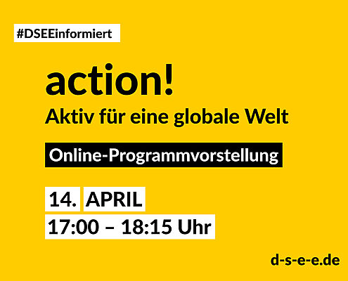 Veranstaltungsbanner mit Text "DSEE informiert, action!, Aktiv für eine globale Welt, Online Programmvorstellung, am 14. April, 17 Uhr bis 18 Uhr 15"