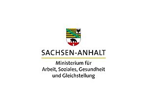 Logo Grafik und Text: "Ministerium für Wirtschaft, Soziales, Gesundheit und Gleichstellung des Landes Sachsen-Anhalt" Wappen Sachsen Anhalt